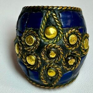 Vintage Ethic Cut Blue Lapis Brass Statement Ring Gold Gilt Details Boho
